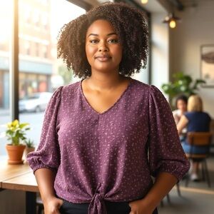 Olivia & Martin Purple Floral Print aw/Tie Front Women's Top